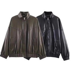 Damen Bomberjacke Aus Kunstleder Stehkragen PU Bikerjacke Oversized Streetwear