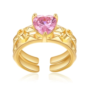 18K gold plated brass ring with pink heart zircon and screw motif on white background