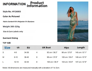 Detailed size chart for deep V neck backless beach dress with US EU UK measurements