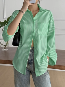 Women's green striped long-sleeve casual shirt with chest pocket for summer vacation look
