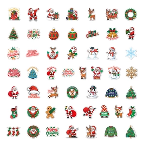 Detailed grid layout of various vinyl Christmas stickers with Santa and reindeer motifs