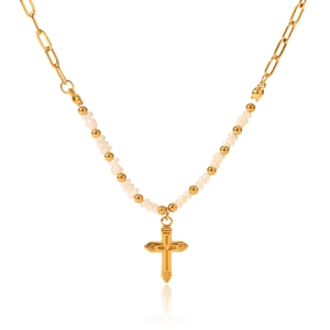 Gold stainless steel necklace with pearl beads and a cross pendant on a white background