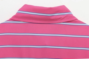 Close-up of pink and blue striped shirt collar with detailed stitching and texture