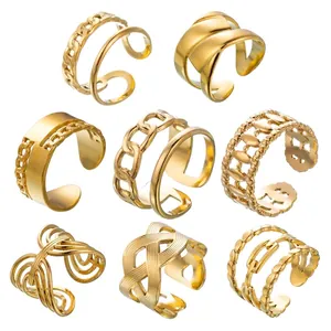 Vintage Chain Hollow Out Stainless Steel Adjustable Open Ring Minimalist Multi Layer Design Fashion Jewelry Women
