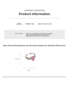Detailed specs of the pink heart adjustable copper ring with cubic zirconia weight 3.8g
