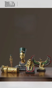 Detailed ancient Egyptian resin figurines including Cleopatra, Isis, and Tutankhamun