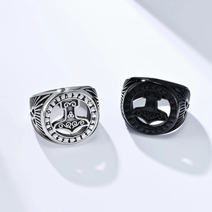 Vintage Viking Mjolnir Thor Hammer rings in silver and black stainless steel