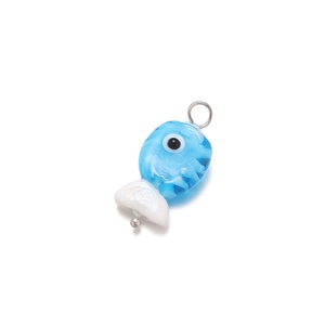 Handmade blue and white glass fish earrings with evil eye pattern and metal hook
