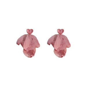 Pink heart studs with fabric petal drops for women in a symmetrical layout display