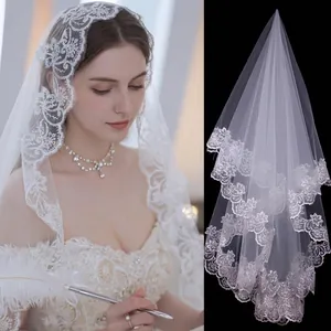French Retro Bridal Veil Lace Floral Trim Double Layer Tulle Wedding Photography Elegant Headpiece For Women