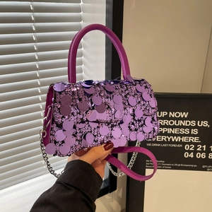 Fashionable purple sequin square handbag with silver metal chain and leather strap