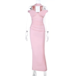Pink off-shoulder mermaid dress with pleated bodice and flattering slim fit silhouette