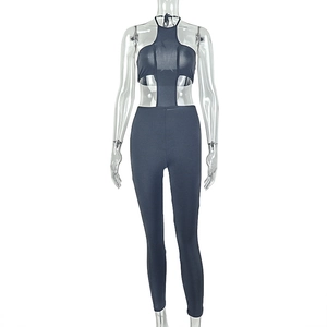 Detailed front view of blue-grey bodycon jumpsuit with cutout design on mannequin