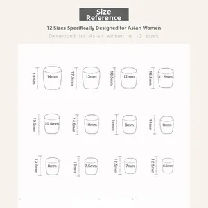 Detailed size chart showing 12 different dimensions for press-on nails in millimeters