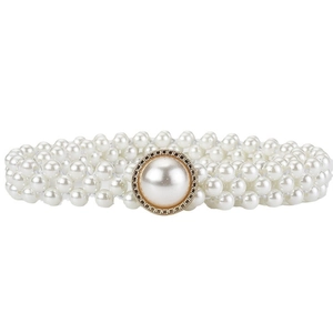 Elegant triple-row white pearl elastic waist belt with vintage gold buckle for dresses