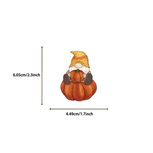 Cartoon pumpkin gnome sticker showing precise dimensions of 6.05 cm by 4.49 cm