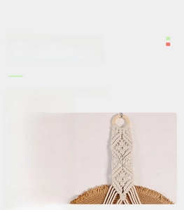 Detailed view of hand-woven cotton thread textures and bohemian wooden ring on hat rack