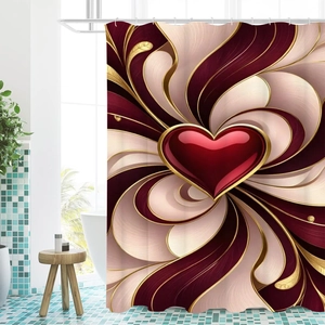 Rideau de douche artistique avec motif coeur rouge 3D et volutes dorées élégantes