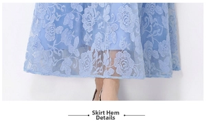 Detail of light blue mesh hemline with exquisite rose embroidery and textured lace finish