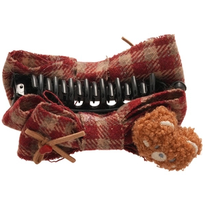 Cute plaid plush bear hair claw clip with red-brown checkered bow and acrylic teeth