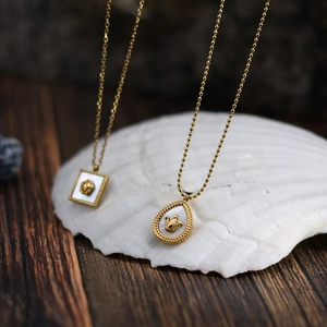 Vintage 18K gold plated titanium steel necklaces with shell rose and crown pendants