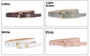 Detailed view of women's skinny belts in four colors with gold round pin buckles