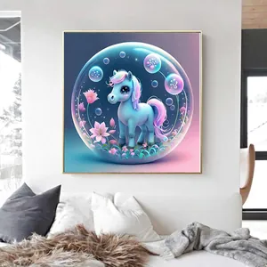 Framed DIY diamond painting of a dreamy blue unicorn with bubbles in a modern living room