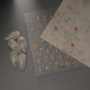 3D gold nail stickers with celestial sun moon patterns and stars for starry manicure deco