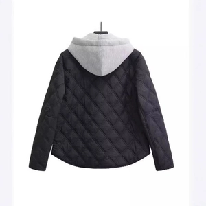 Black quilted hooded jacket with grey contrast hood and minimalist diamond pattern