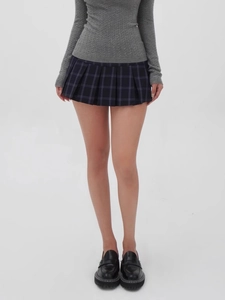 Slim fit dark blue plaid pleated mini skirt for women in trendy schoolgirl style