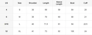 Detailed size chart for maternity long sleeve V-neck knit top with US measurements