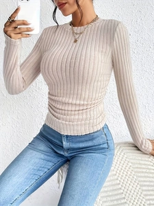 Women Long Sleeve T-Shirt Ribbed Knit Top Slim Fit Round Neck Solid Color Basic Casual Commuting Polyester Spandex