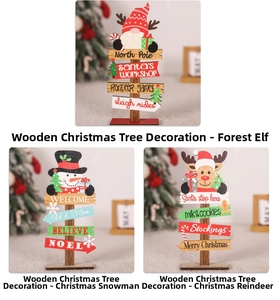 Three-panel view of Christmas wooden gnome, snowman, and reindeer tabletop ornaments with base