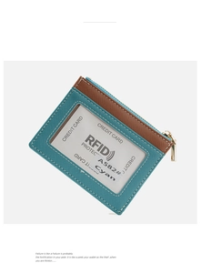 Close-up of cyan and brown cross-grain leather RFID card holder with gold zipper detail