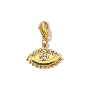 Detailed view of golden evil eye charm with white rhinestones and lobster clasp