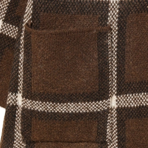 Women's vintage brown plaid knit cardigan with warm wool texture and patch pocket