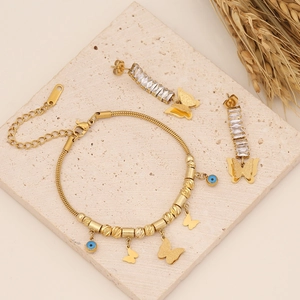 Fashion butterfly stainless steel jewelry set with evil eye pendants on stone
