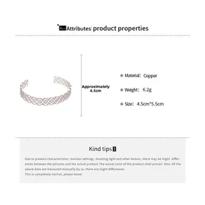 Macro view showing dimensions and weight of this hollow rose gold plated copper cuff bracelet
