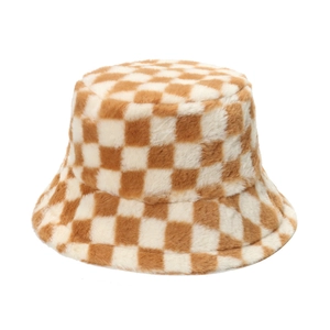 Winter plush checkerboard bucket hat in brown and white faux fur for women