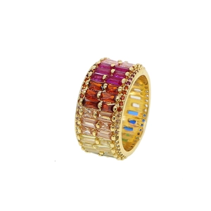 Macro shot of gold eternity ring with multi-row rainbow gradient rectangular gemstones