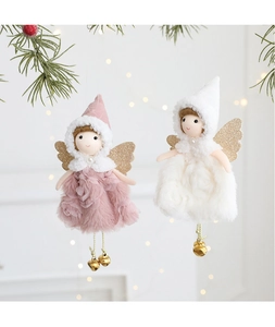 Detail of plush angel Christmas ornaments with mesh skirts and festive gold bells
