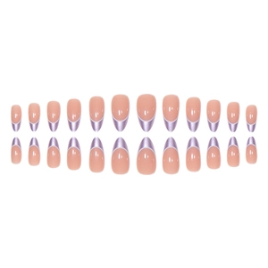 Set of 24 almond shape press-on nails with lavender metallic French tips and white accents