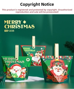 Three premium green Christmas gift bags with golden PU handles and festive illustrations