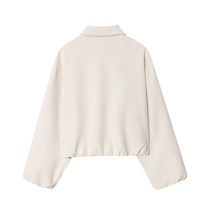 Women's minimalist off-white cropped puffer jacket with elastic hem and drop shoulder