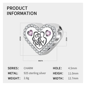 Detailed S925 sterling silver family charm specs with dimensions and pink gemstones