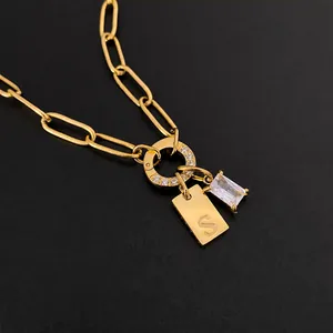 Elegant 14K gold plated stainless steel necklace with custom letter S and baguette crystal charms