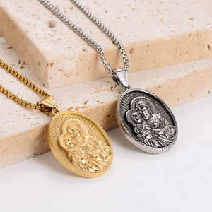 Oval Saint Joseph and baby Jesus relief pendants in gold and silver stainless steel