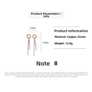 Rose gold tassel earrings with cubic zirconia, size 1.5x7.5cm and 12.8g weight