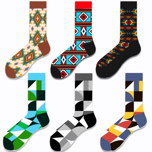 Cotton Geometric Pattern Crew Socks Ethnic Aztec Style Trendy Mid Tube Streetwear Casual Unisex