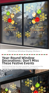 Detail of gold snowflake and colorful Christmas ball static stickers on glass window